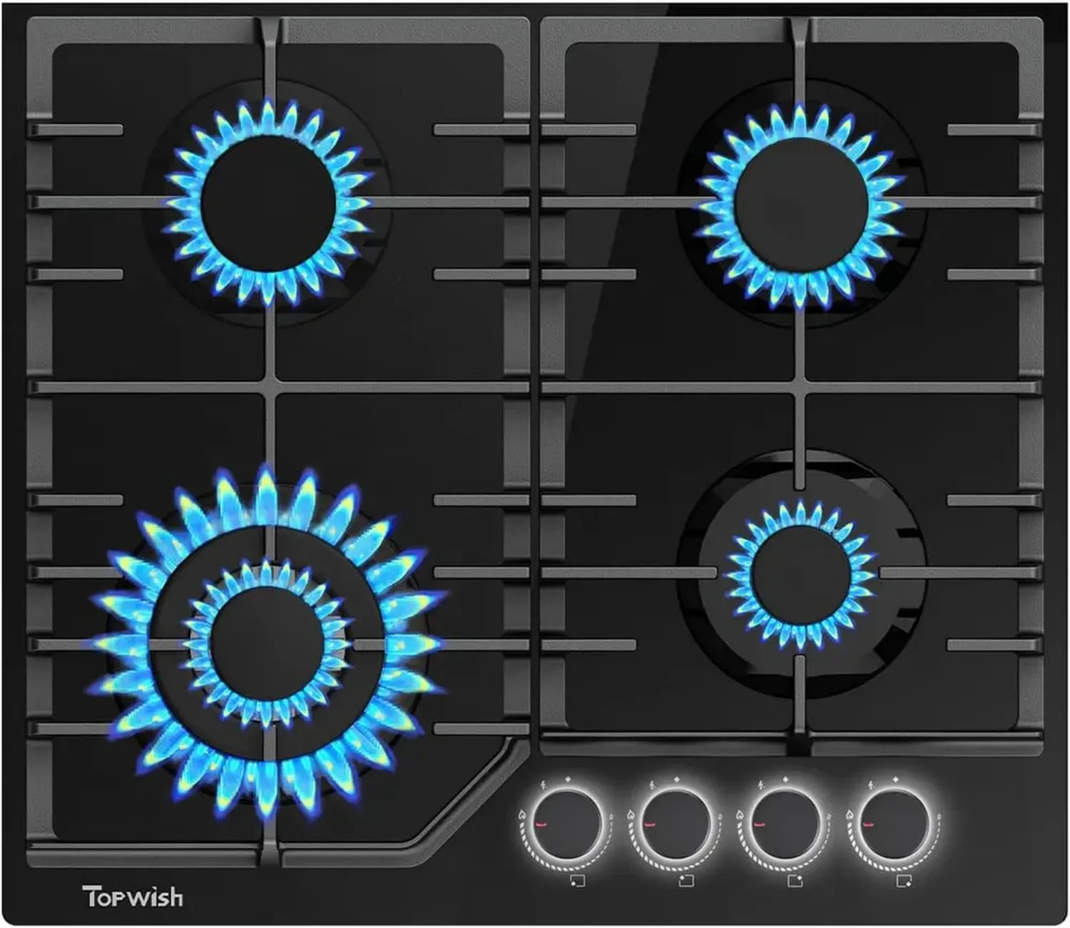Einbau-Gaskochfeld mit 4 Brennern, weiß beleuchtete Drehknöpfe, NG/LPG kompatibel, Flammabrissschutz, Zündautomatik, 8000W, 60cm